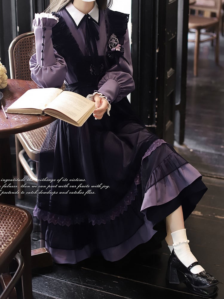 Front with Trim Embroidery Detail and Mesh Apron Dress Purple Lace Black at