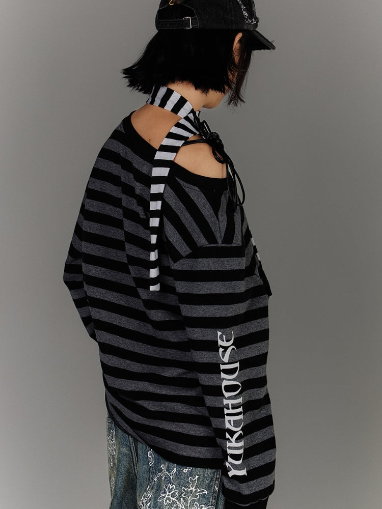 Black Gray Stripes Applique Design Asymmetrical Neckline Drawstring Punk Top