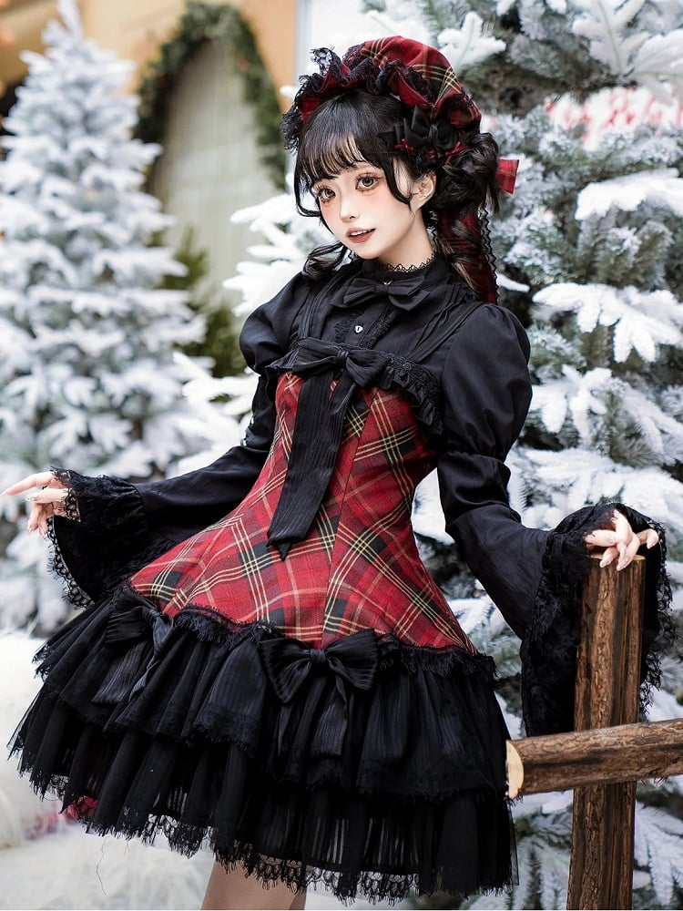 Rot karierter, mit schwarzen Schleifen verzierter, doppellagiger Gothic-Lolita-Pulloverrock mit Saum