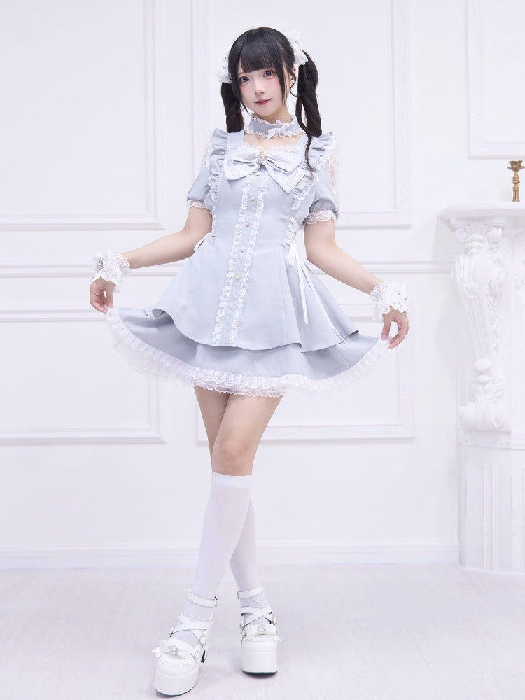 Dress Skirt Lace-up Side with Mini Light Kei Style Jirai Shoulder Matching Cutout and Gray Detail Set: