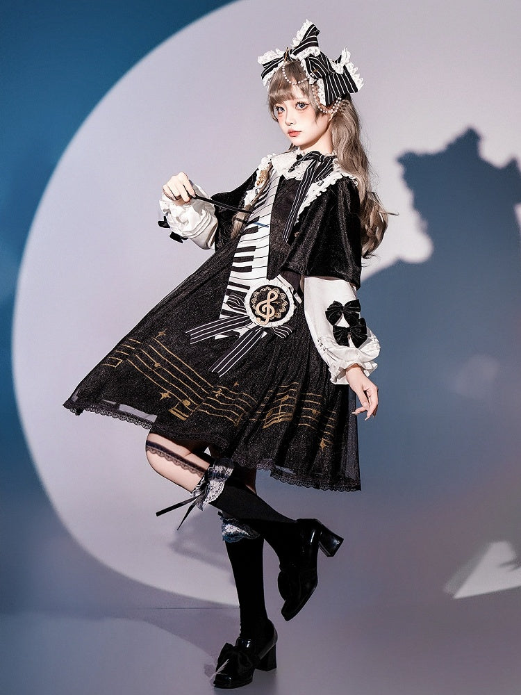 音符プリントの白黒長袖ロリータOPフルセット
