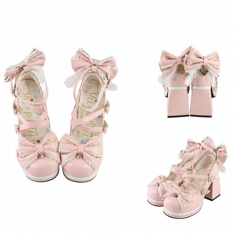 Block Bow Crisscross High Heels Buckles at Detachable Heart Design Pink Top