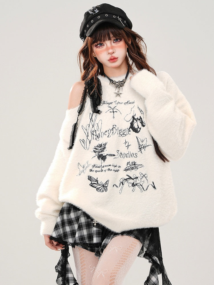 Apricot/Schwarzer weicher Mohair-Pullover mit Schmetterlingen und Schleifen an der Schulter