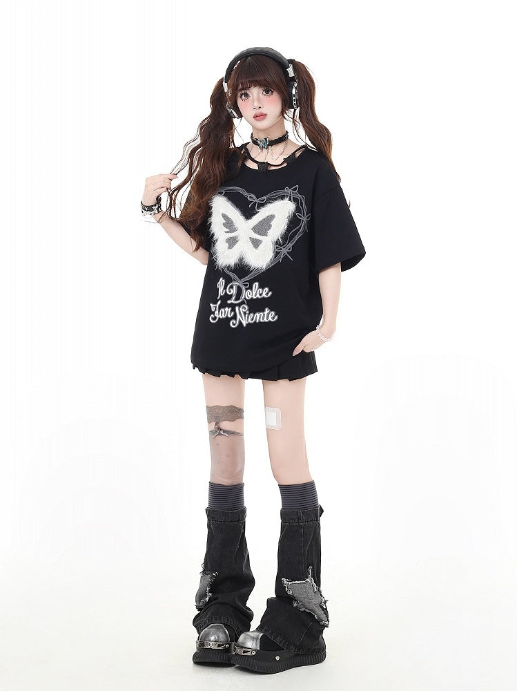 Plush Butterfly Applique Butterfly Neckline Black Design Bittersweet T-Shirt