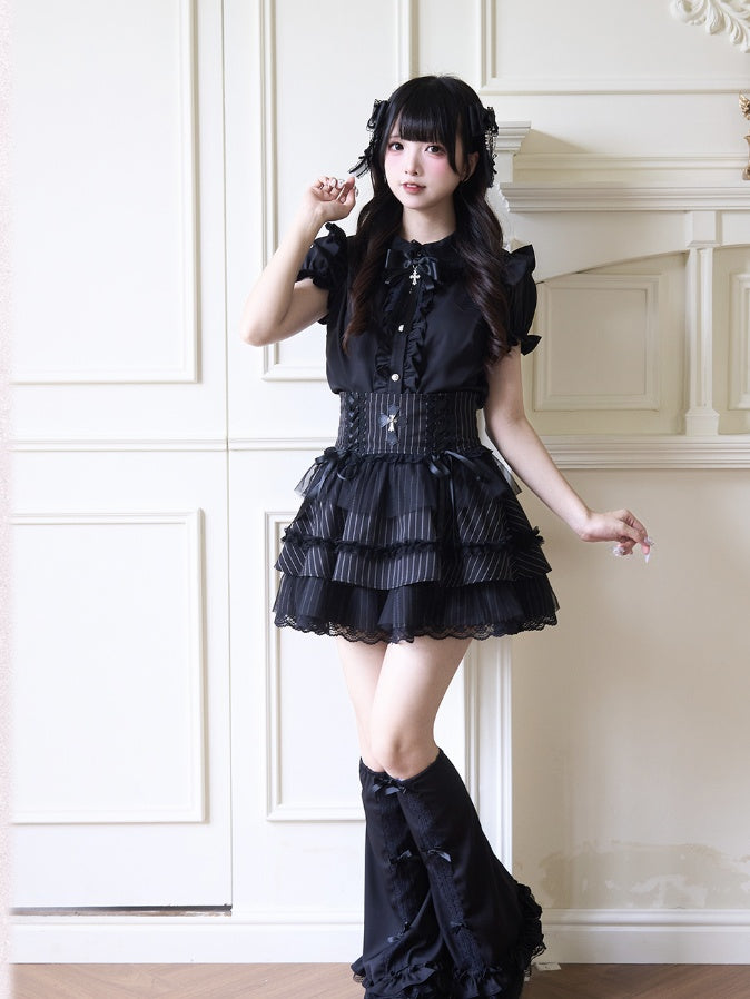 Jirai Kei Peter Sleeves Lolita Ruffled Lace Trim Pan Collar Black Blouse with Detachable Bell Gothic Bowknot