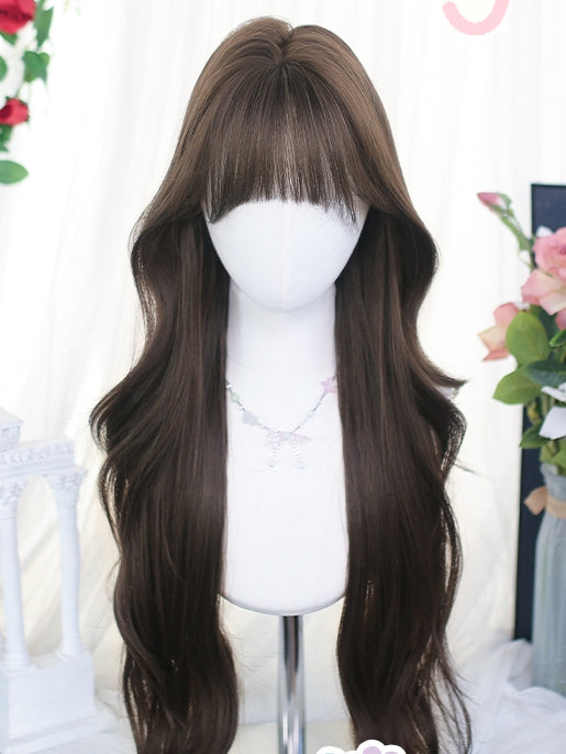 Long Air With Bangs Brown Wigs Wavy 65-70cm