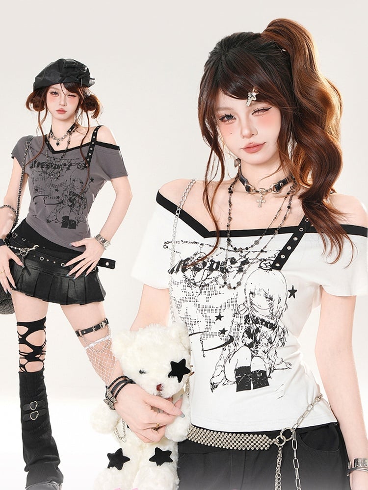 T-Shirt mit asymmetrischem Ausschnitt und schmaler Passform, Anime-Mädchen-Print, Grau/Weiß