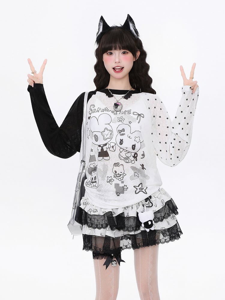 BlackWhite/PinkBlue Bunny Kitten Print Long Sleeve Top - Daily Kawaii Colorblock Design