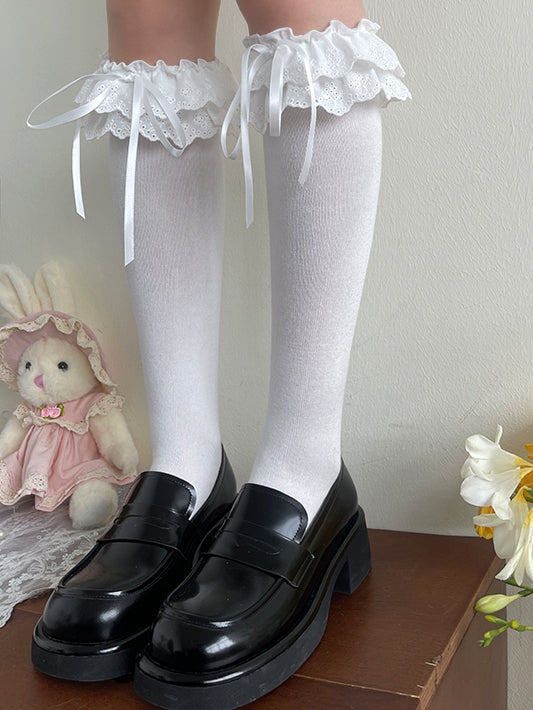 Under-Knee Trim White/Black Stockings Layers Lace Double Lolita