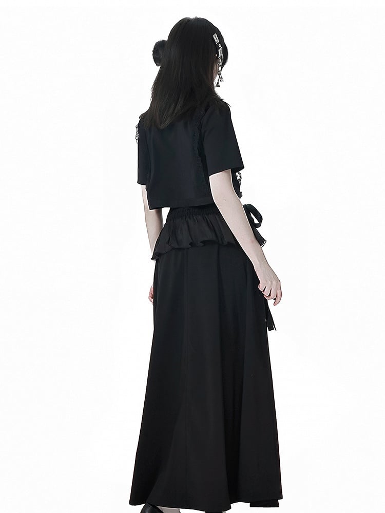 Black Cheongsam Waist Chain Corset Belt Set Free Style Long Skirt with Flounce Beaded Hem
