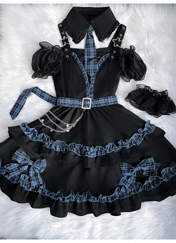 Full Shoulder Set and Blue Plaid Skirt Idol Lolita Dress Tiered Cutout Black