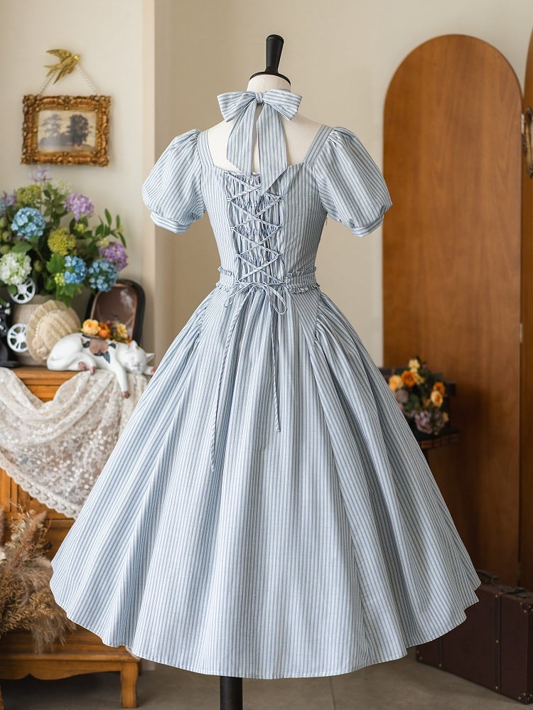 Neckline Sleeves Puff Retro Striped Fabric Blue Dress Square Fashion Vintage