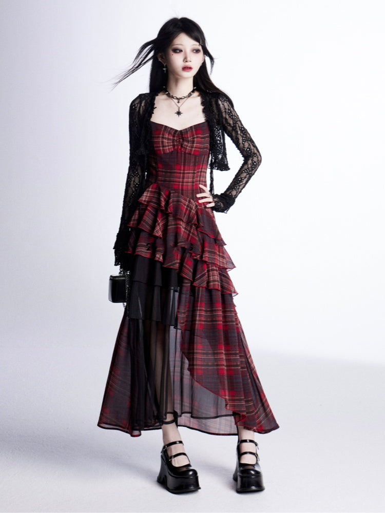 Taille Asymmetrische Rot Plaid Cami Kleid Tiered Rüschen mit
