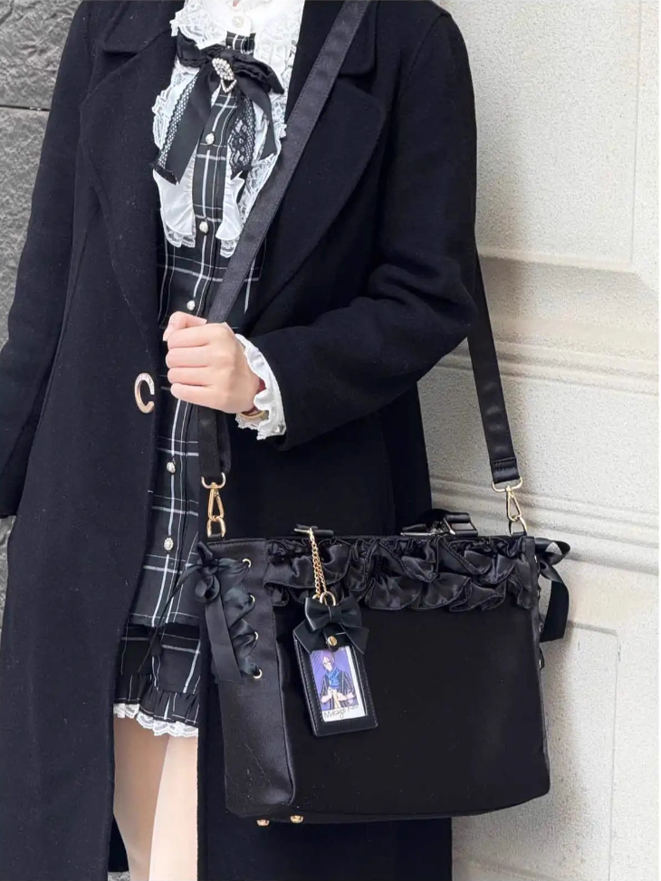 Black Card Bow Holder Trims Straps Bag Self-tie Ruffle Satin Ita With