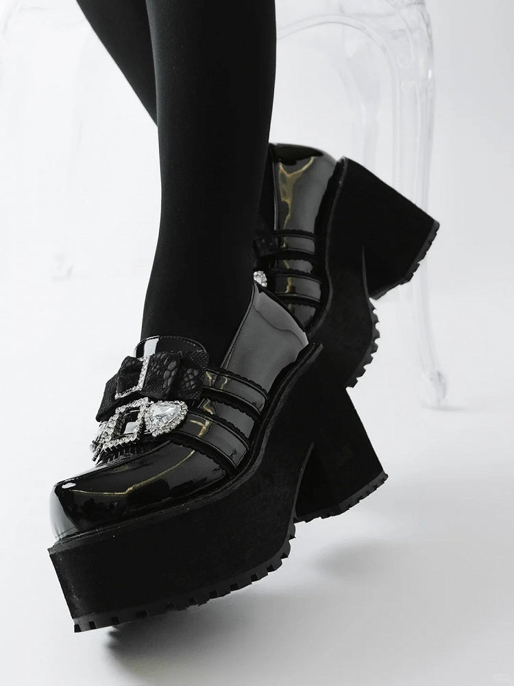 Jirai 10cm Pointed-Toe Loafers Polished Black Rhinestone Kei in Bow Platform with Heel Sweetheart