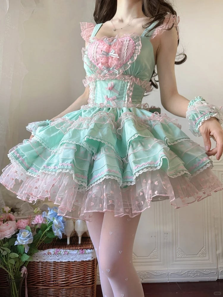 Lolita Dress Sweet Polka-dot Green Pink Heart Pattern Ruffled Heart Front Mint