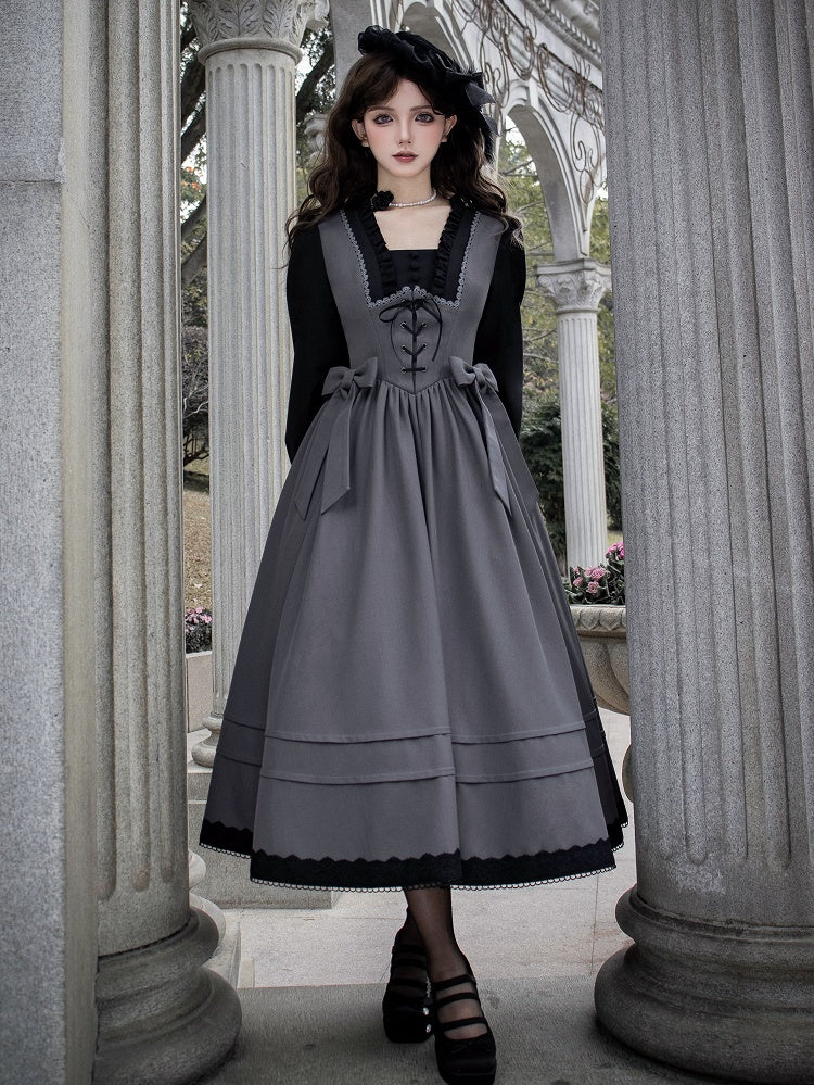 Black and Gray Elegant Square Neckline Spring Long Bishop Sleeves Lolita Dress