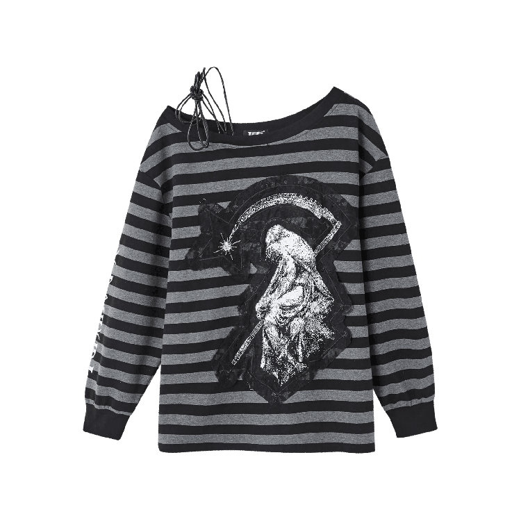 Black Gray Stripes Applique Design Asymmetrical Neckline Drawstring Punk Top