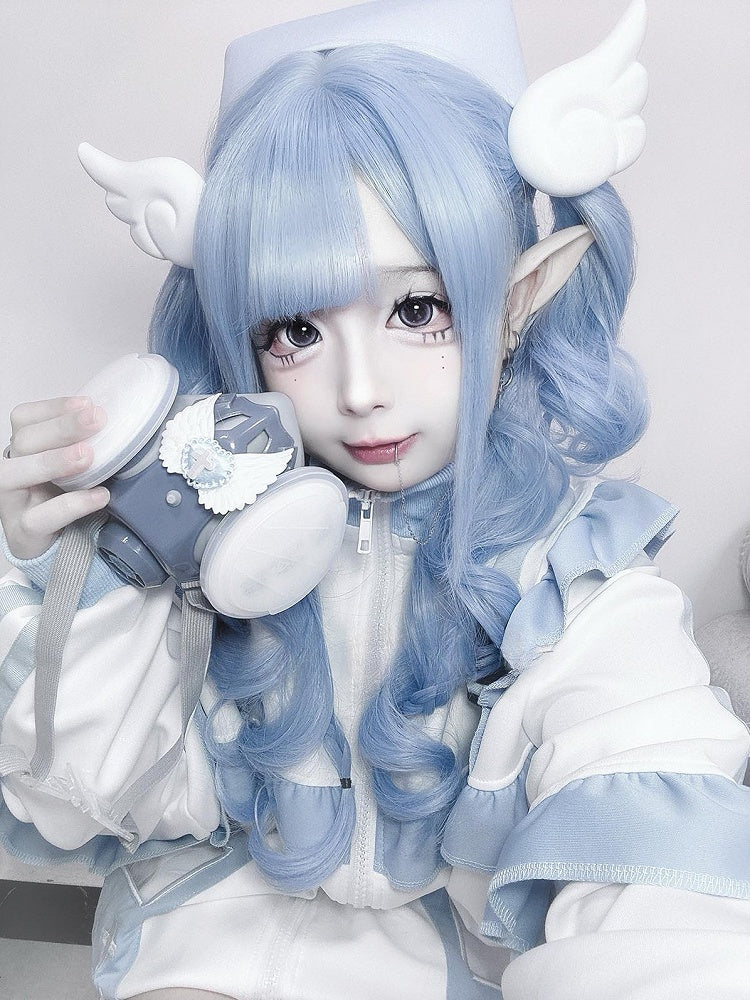 With Air Wig 70CM Length Bangs Wavy Blue