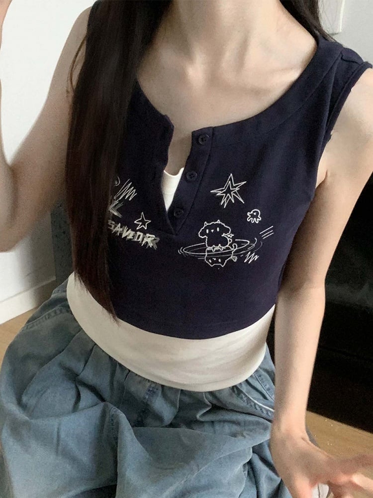 Graffiti Blue/Dusty Navy Top Two-pieces Blue/Dark Faux Print Tank Gray