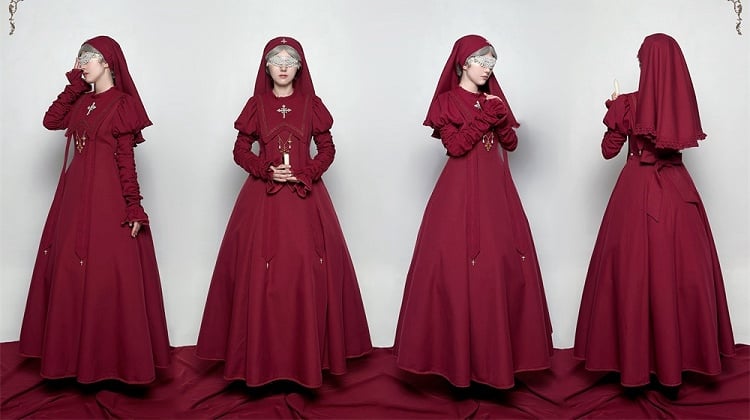 Wein Nonne Outfits Halloween Kleid Ärmel Kreuz Lolita Sammeln Stickerei Rot Juliette