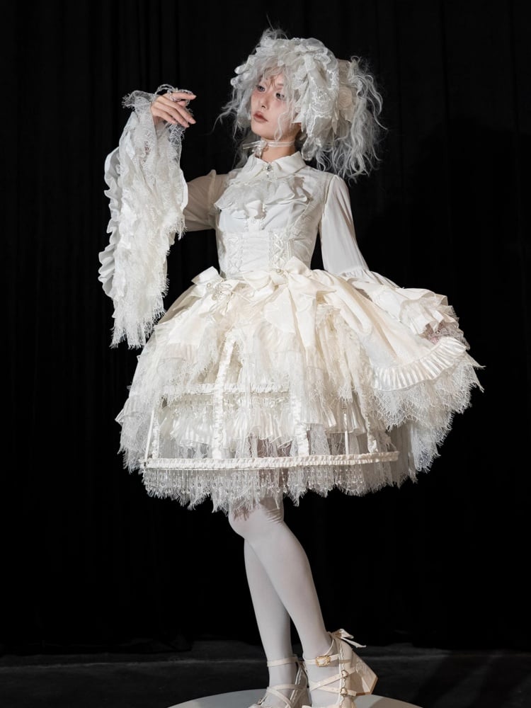 Weißes Shiro Lolita-Kleid aus Spinnennetzstoff mit Kordelzug am Saum unter der Brust