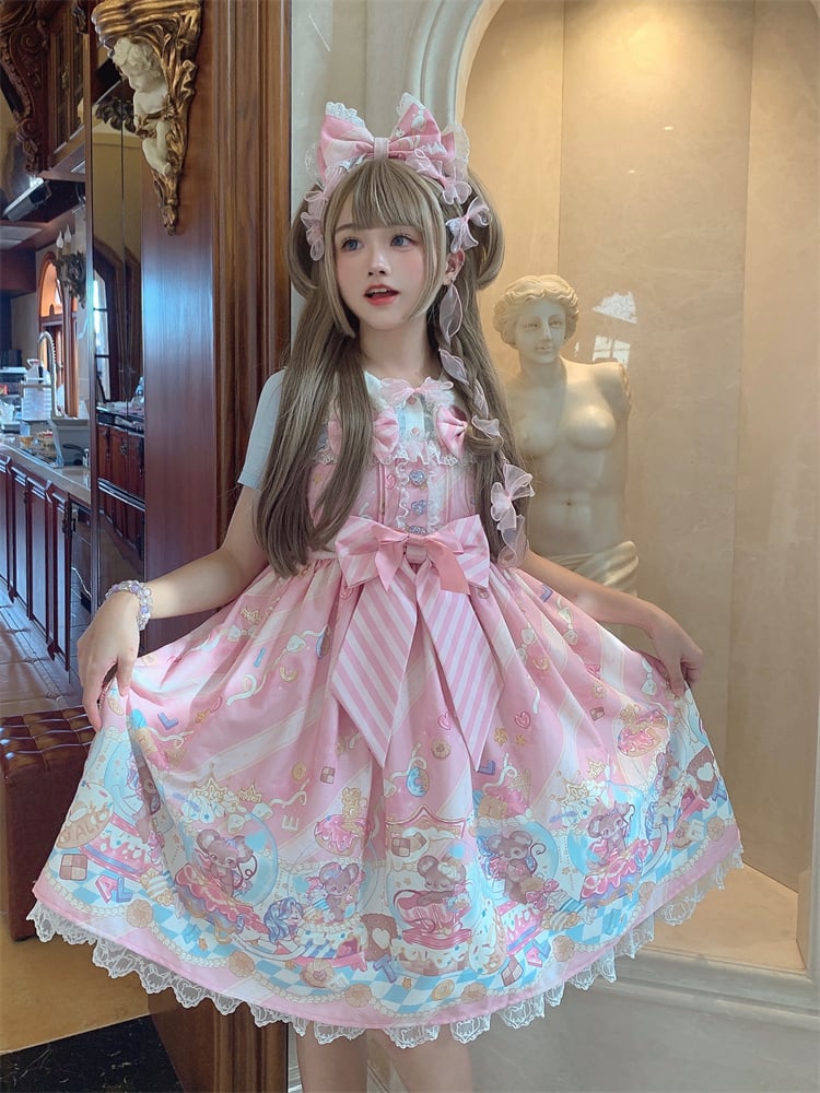 Ears Bow Pink Big Neckline JSK Sweet Lolita Dress Adorable Mouse Print Mouse Design