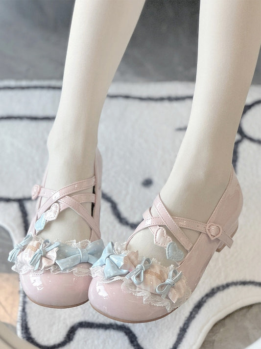 Bow Janes Candy Lolita PU Style Low - Pink Heel Mary Akzente mit Schuhen