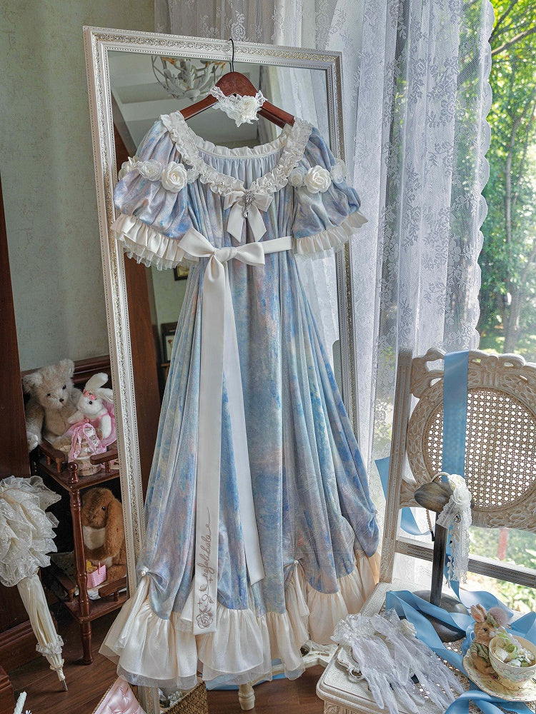 Piece Lolita Maxi One Dress Waist Elegant Classic Painting Blue Empire Oil Print