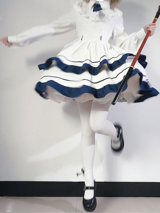 ホワイト&ブルーのシャツカラー、フリルトリム、ティアードドレス(ネクタイ付き)