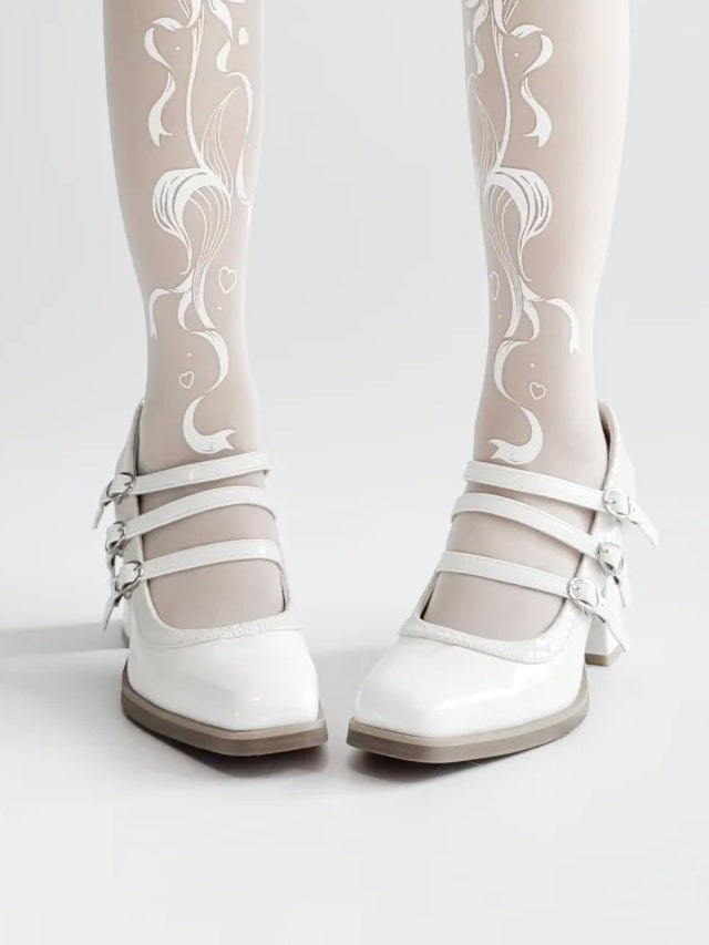Toe with Buckles Snakeskin PU Shoes White Gothic Pattern 3 Square
