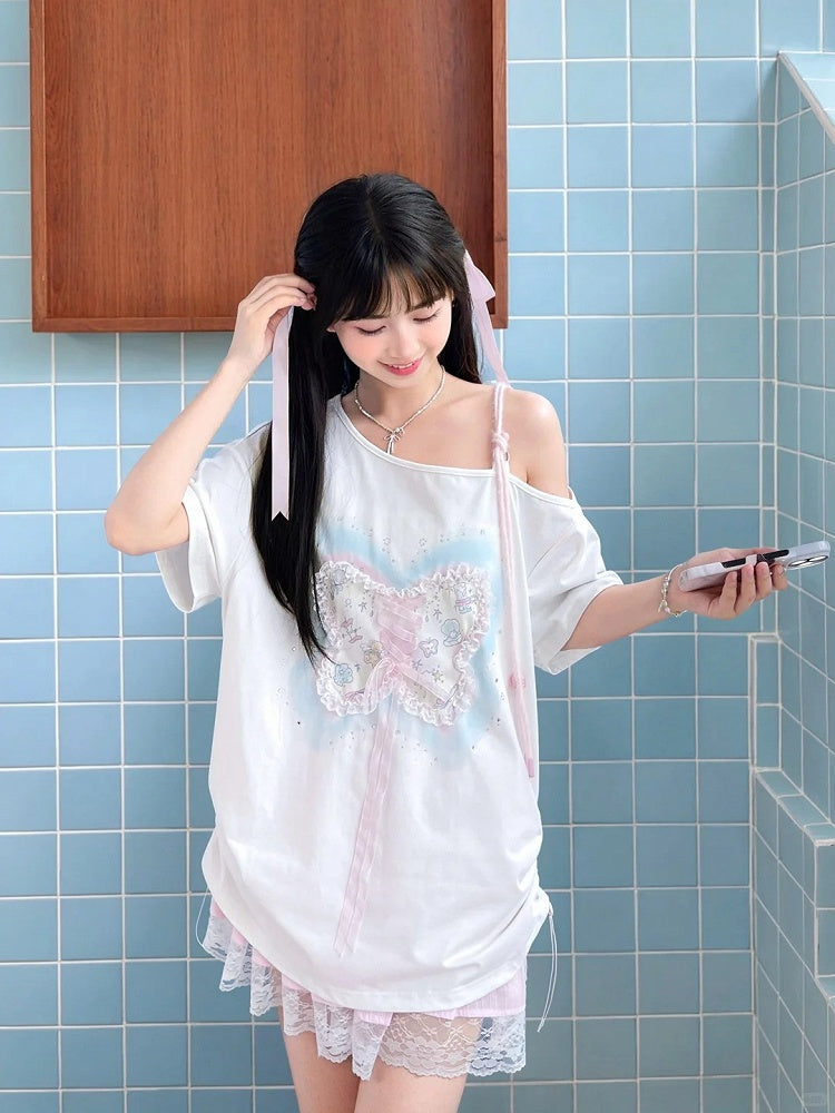 Sequins Decorated Lace-up Butterfly White Asymmetrical Neckline T-shirt Detail