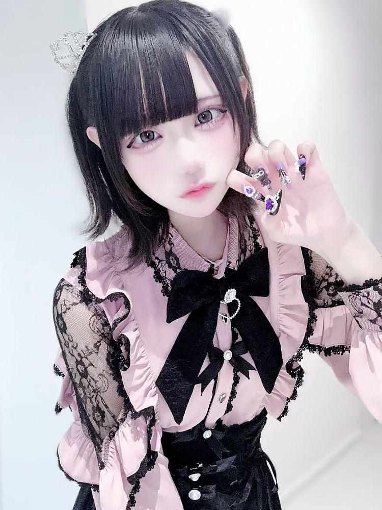 Pink Blouse Trim Rhinestone Decorated Jirai Kei Beaded And Details Bowknot Ruffles