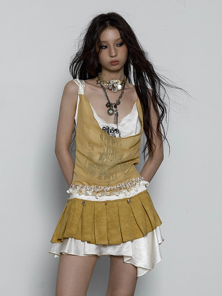 ラインストーンイエローボックスプリーツスカートフェイクドレスセット