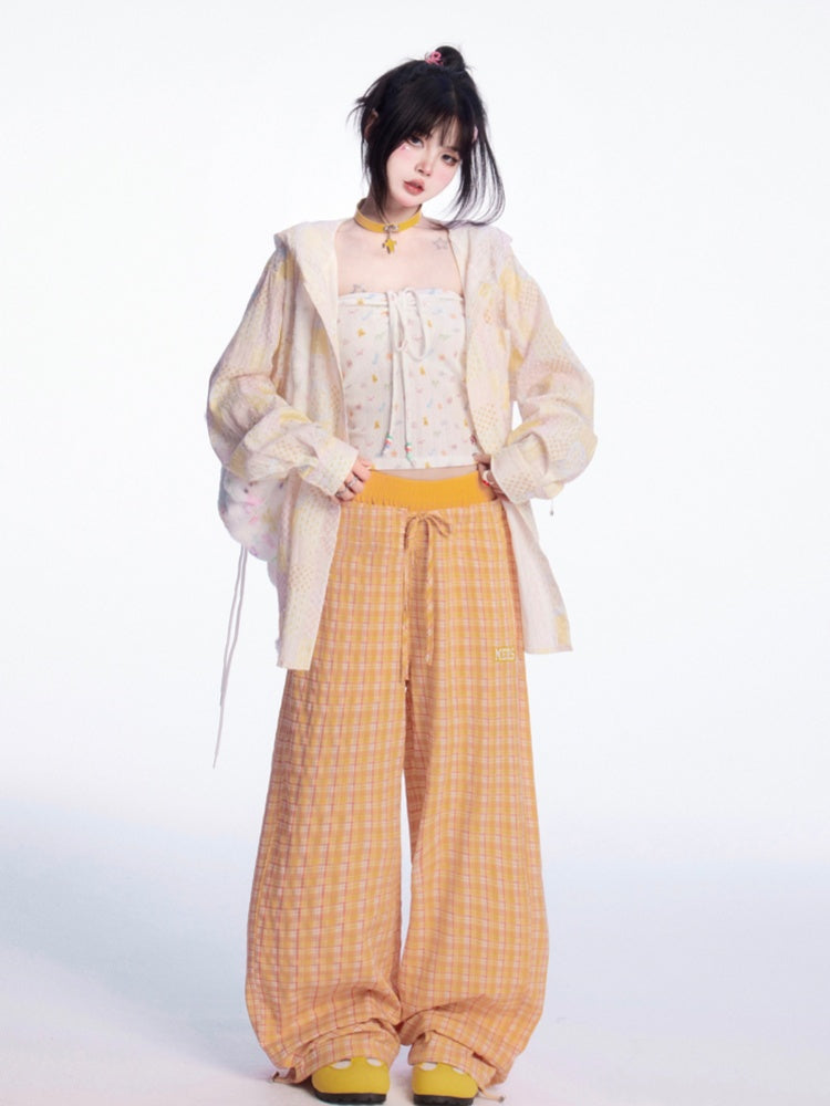 Drawstring Cuffs Wide-leg Casual Pants Orange Plaid Elastic Waist