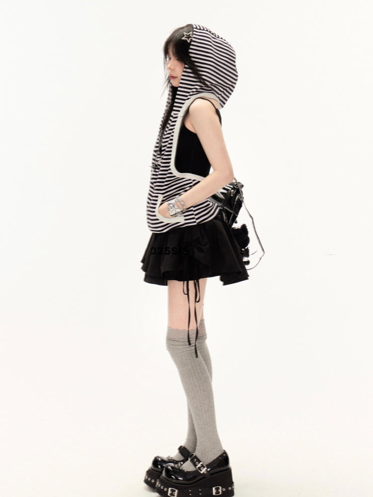 White Black Striped Pattern Backless Hooded Vest and