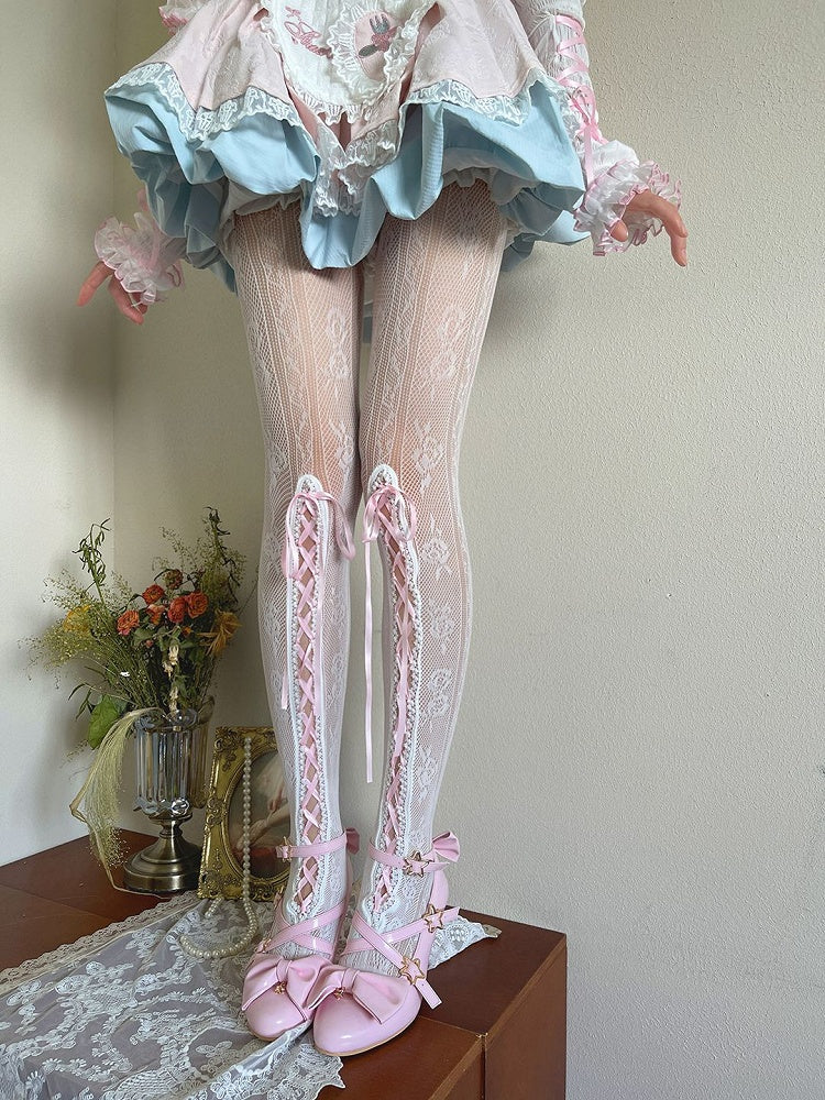 Pattern Floral White Design Hollow-out Tights Lace-up With Pink