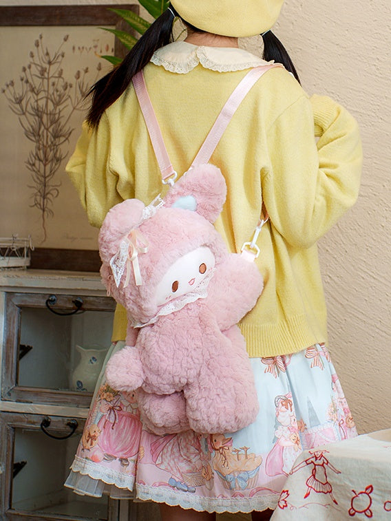 ピンクラビットの蝶結びレースディテールのぬいぐるみバックパック ミドル/ラージサイズ