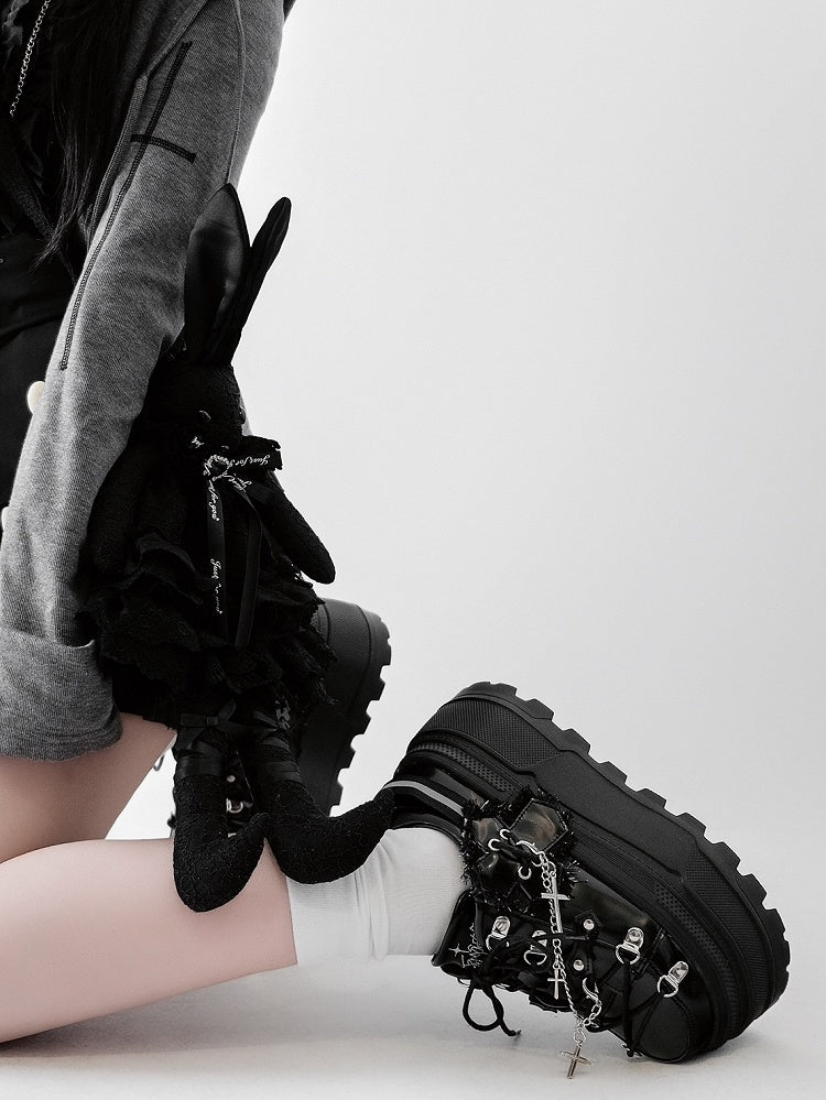 Detachable Black With Punk Front Charm Ties Design Platform Chain Lace-up Cross Shoes