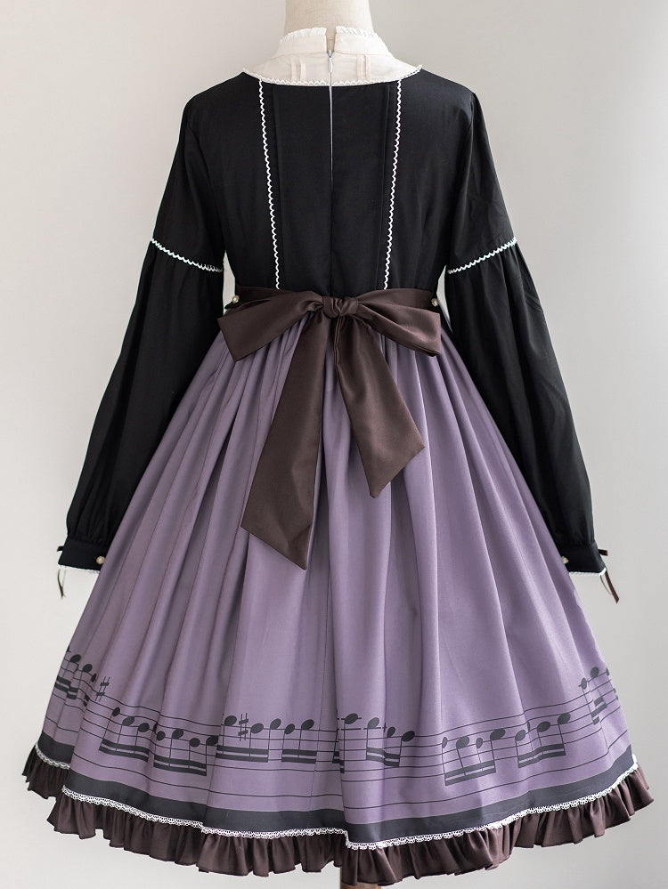 Robe Lolita d'automne violette à manches longues et col pointu séparé, motif notes de musique