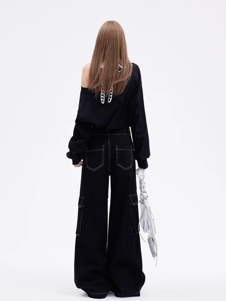 Self-tie Strap Design Wings Cargo Pocket Wide-Leg Jeans with Black Angel