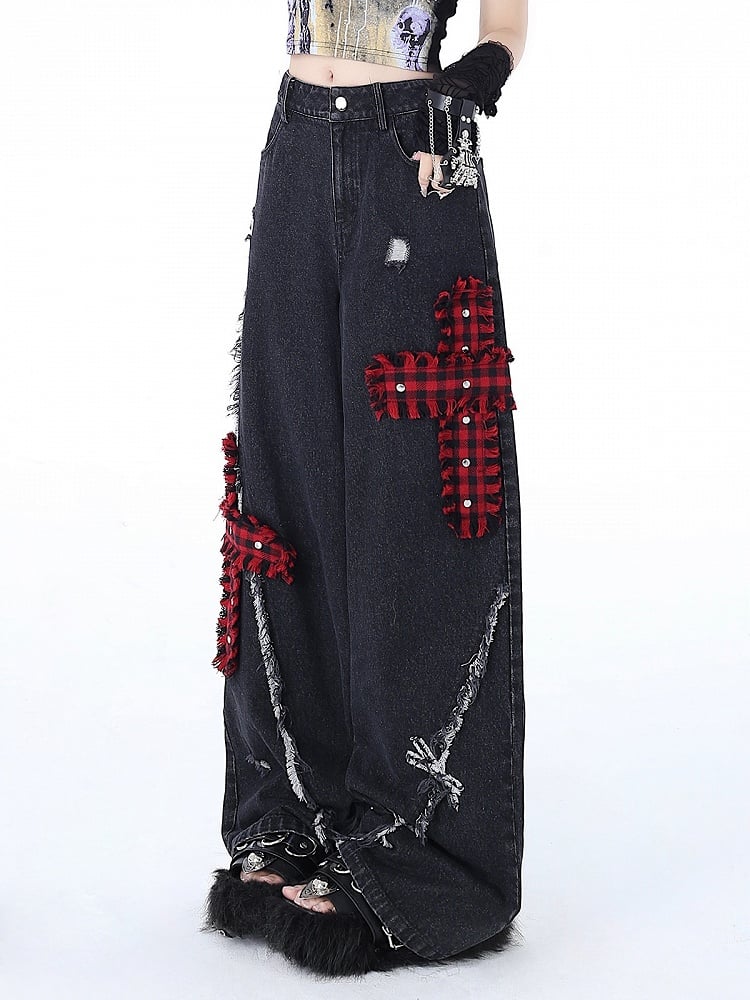 Wide Leg Punk Crosses Distressed Black Holes Plaid Jeans Red
