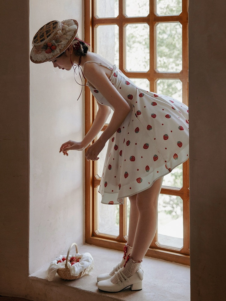 and White JSK Sweet Dress Polka Dots Summer Lolita Strawberry Sun Print