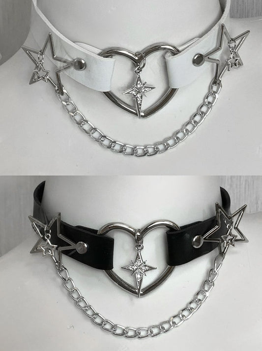 Jirai Kei schwarzer Strass-Stern-PU-Halsband mit Kette