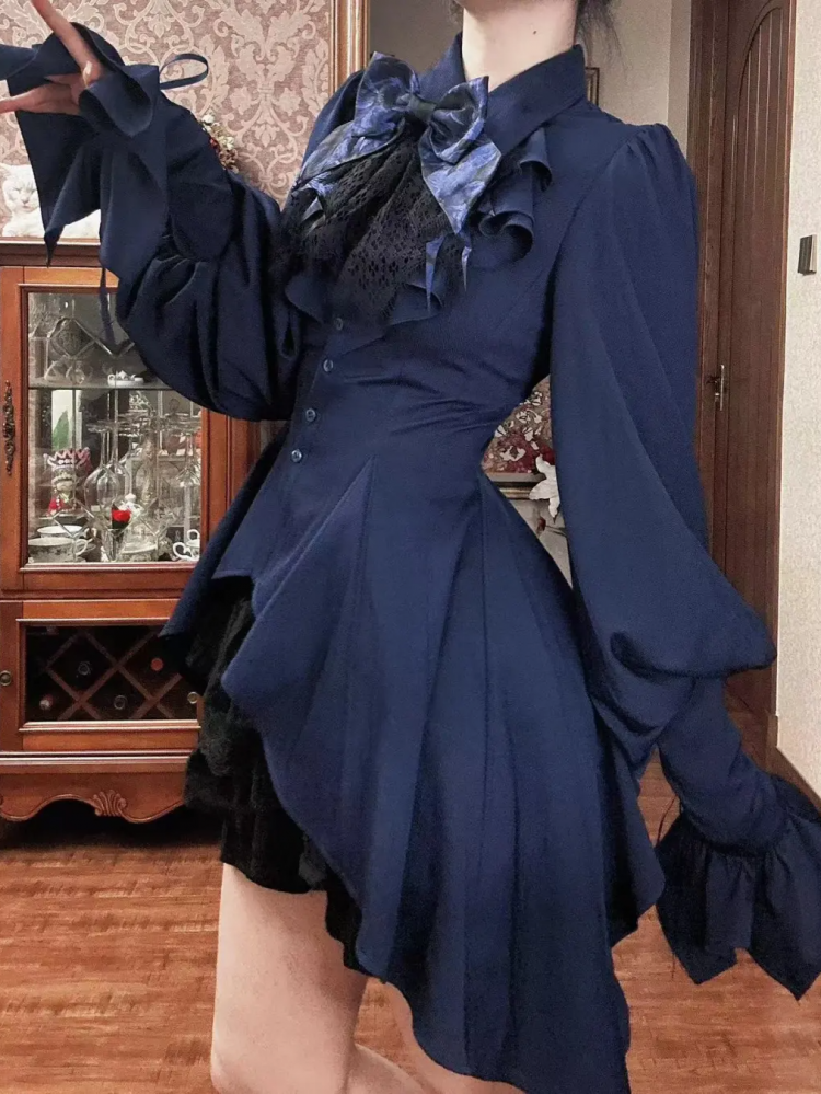 Dark Blue Gothic Ouji Lolita Long Sleeves Irregular Cascading Hemline Prince Shirt