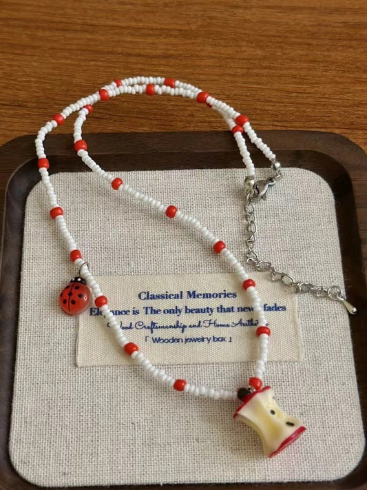 Y2K レッドアップルネックレス/リング/イヤークリップ