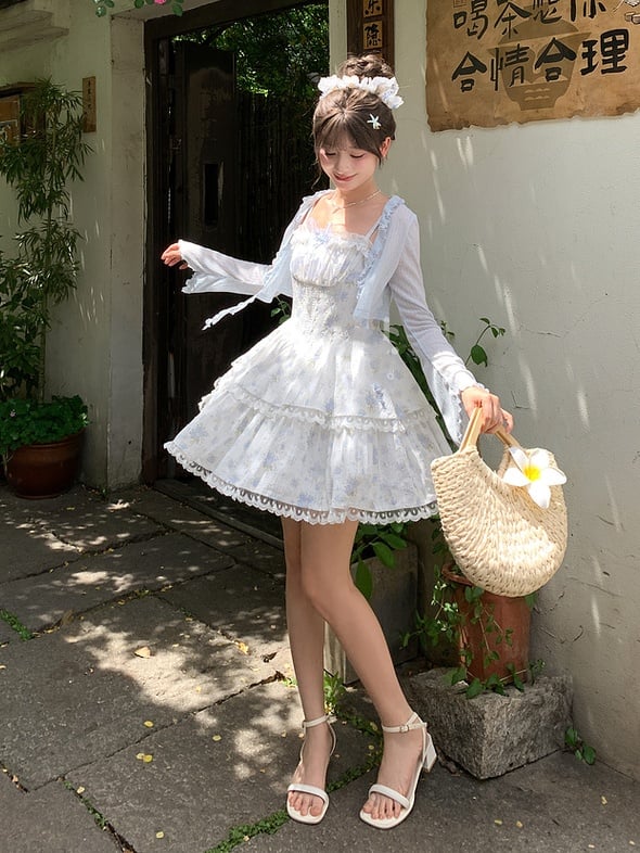 トリムライトブルーの蝶結びカフスのディテールオープンプラケットシフォンカーディガンフリル