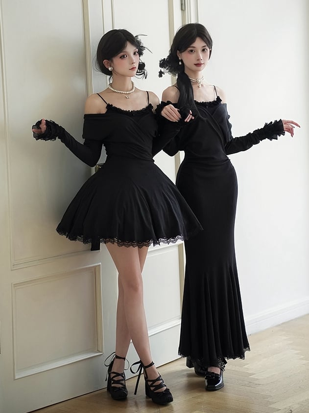 Dress Trims with V-Neck Lace Sleeves Knit Black Deep Short Long