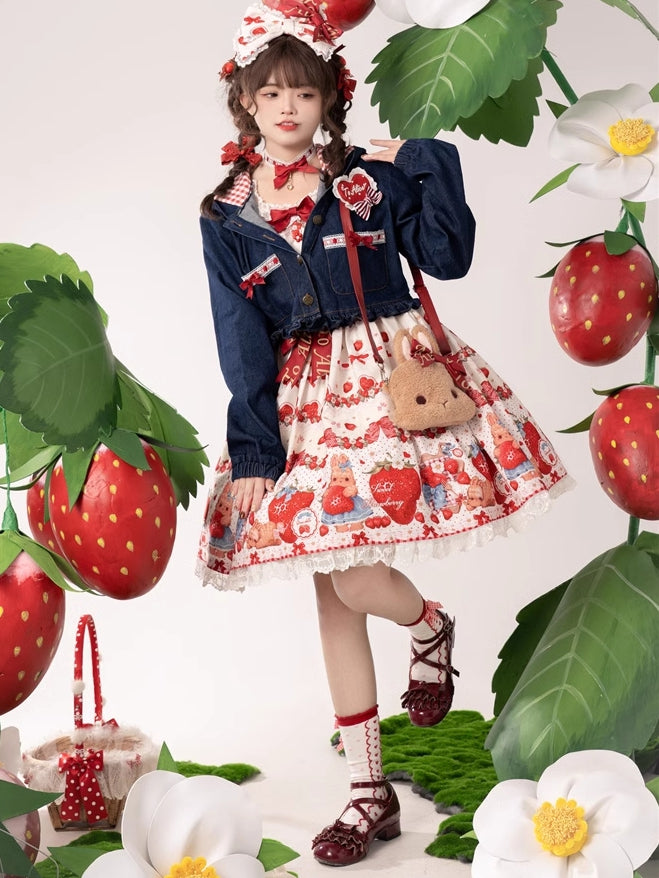 春のイチゴとウサギのプリントレーストリムリボンアクセントベージュスイートドレスロリータワンピース