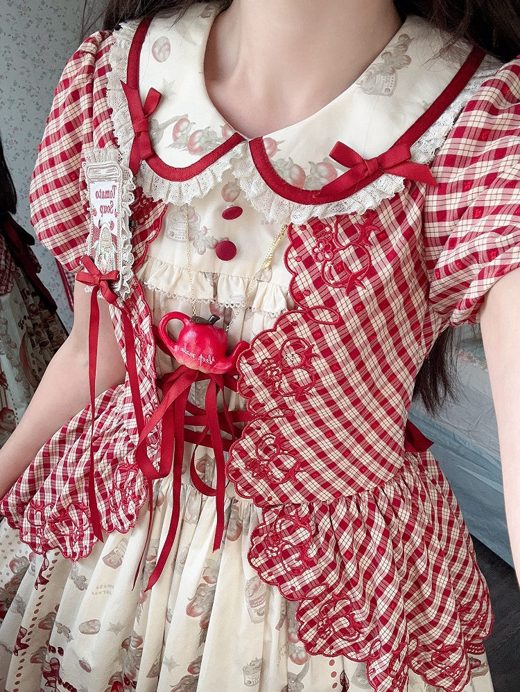 Rotes Country Lolita-Kurzkleid mit karierten Ärmeln und Muster und Aufdruck „Dosentomatoes“